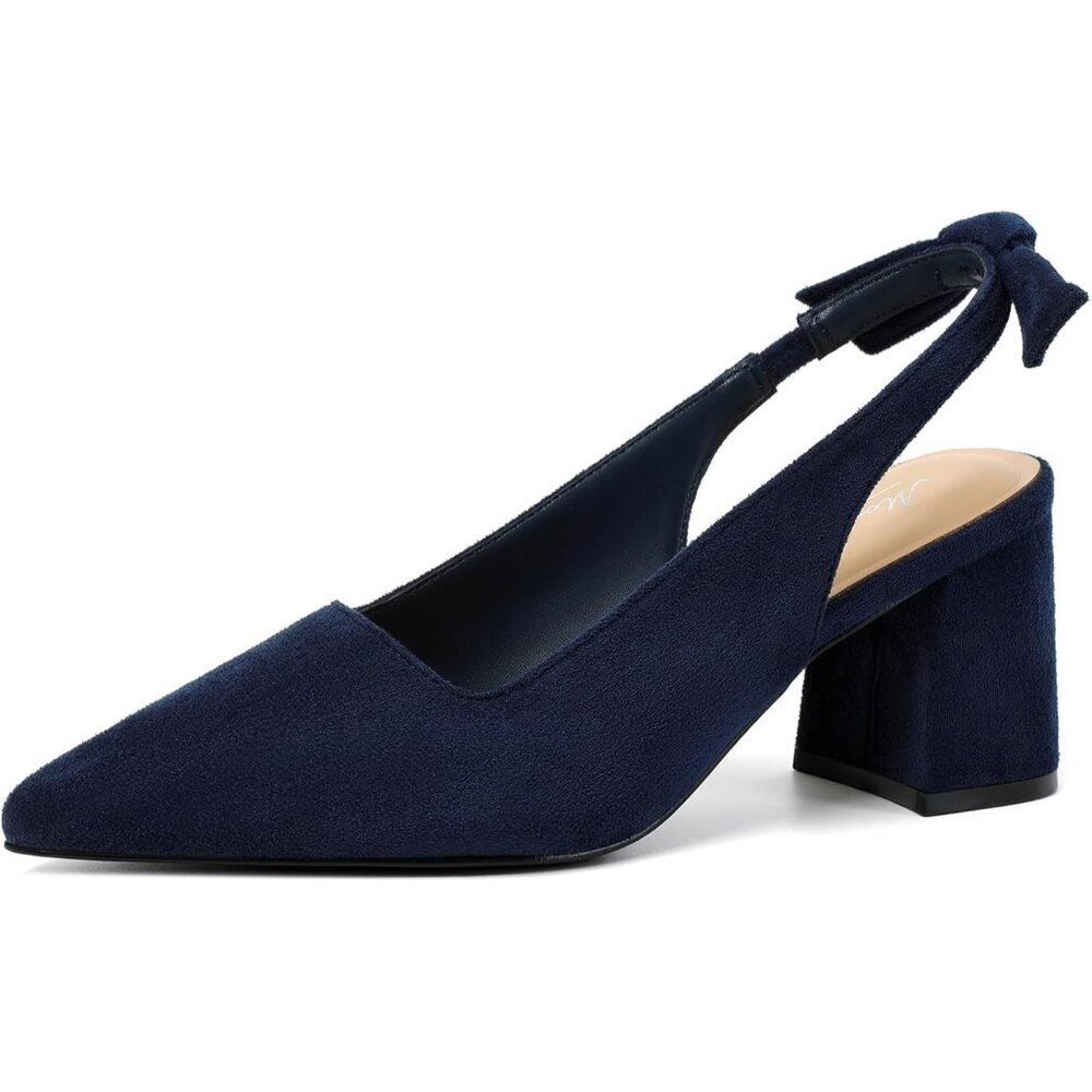 Women's Navyblue Pointed Closed Toe Slingback Chunky Heel Office Work Pump Shoes